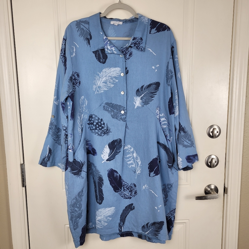 Vasna Women's Blue Dress Linen Blend Novelty Print Size M Medium